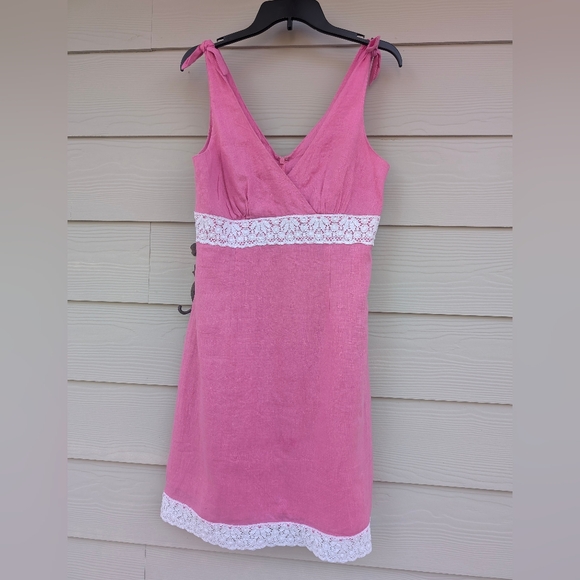Lilly Pulitzer Dress Midi Linen Size 8 Pink Ties At Shoulders Embroidery White - Picture 1 of 9